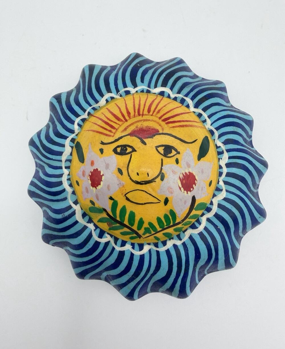 Mexican Hand Painted Pottery Celestial Sun & Fish Lidded Trinket Box 3" Signed